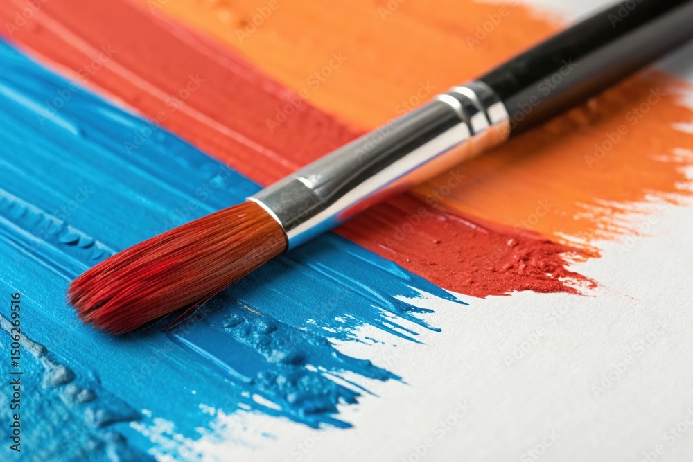 Fototapeta premium Paintbrush with vibrant strokes of color on white canvas art