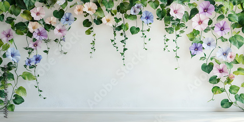 Floral Vine Border with Green Leaves on White Wall Background