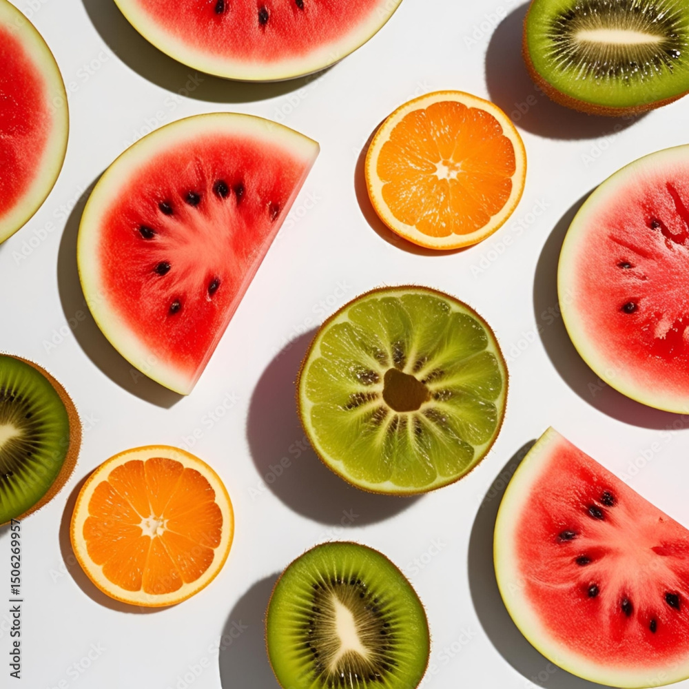 Naklejka premium A healthy collection of fresh fruits includes sweet slices of juicy orange, green kiwi, and red strawberry, offering a vitamin-rich and diet-friendly eating experience