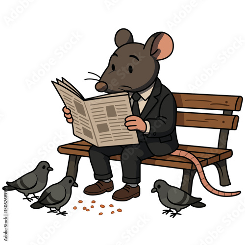 RAT READING NEWSPAPER ON PARK BENCH