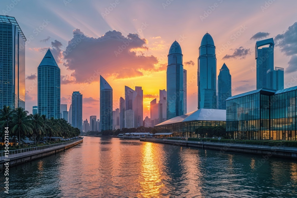 Fototapeta premium Tranquil Sunrise Over Captivating Skyline and Modern Glass Building by Canal in Southeast Asia
