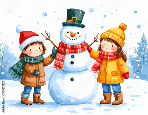 Kids Building a Snowman Together in the Winter Wonderland, Fun Family Holiday Moment, watercolor illustration