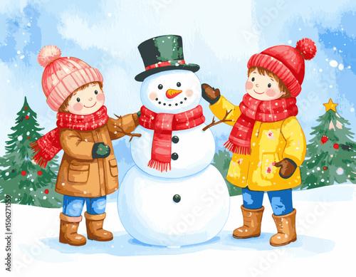 Kids Building a Snowman Together in the Winter Wonderland, Fun Family Holiday Moment, watercolor illustration