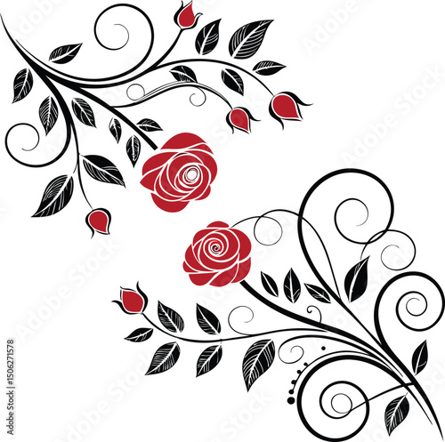 Elegant floral vector design featuring roses buds and leaves with decorative swirls and lines