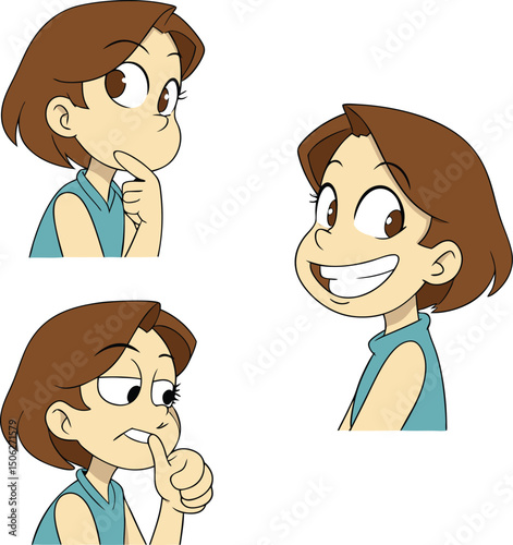 Cartoon girl expressing different emotions with thinking smiling and annoyed facial expressions