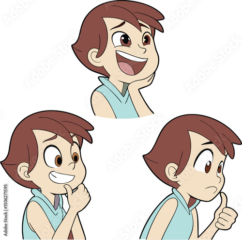 Vector illustration of a young boy with various emotions and facial expressions