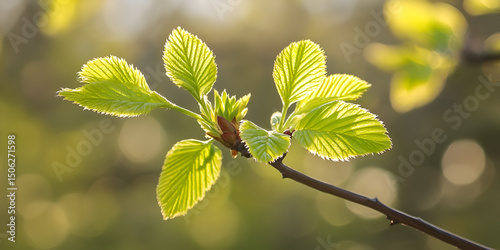 Fresh Green Leaves on Tree Branch in Spring Sunlight
