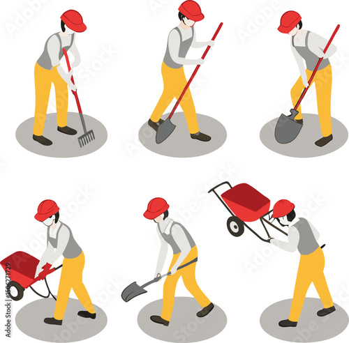 Isometric gardener or construction worker with tools performing various tasks on white background