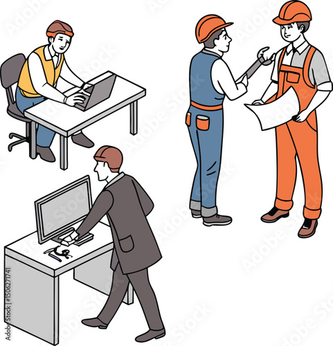 Construction workers and office personnel collaborating and working together on a project