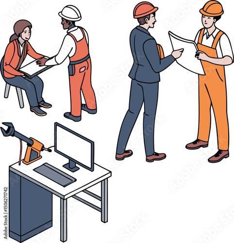 Construction team collaborating and discussing building plans with tools and computer equipment illustration