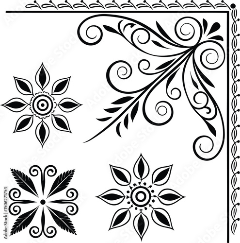 Elegant floral corner design elements and decorative borders in black and white