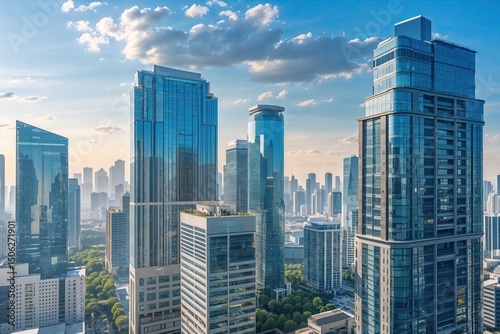 Modern Urban High-Rises and Sleek Office Complexes in a Metropolitan Skyline View