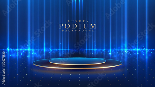 Empty podium golden on blue background with light neon effects with bokeh decorations. Luxury scene design concept. Vector illustrations.