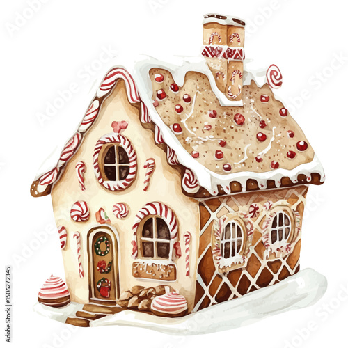 Christmas Gingerbread House, watercolor clipart vector, high quality, isolated on a white background.