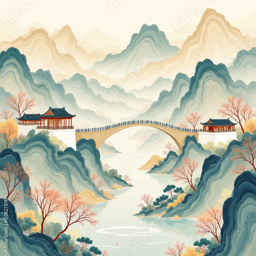 Ancient Bridge in Autumn Mountainscape with Traditional Pavilions