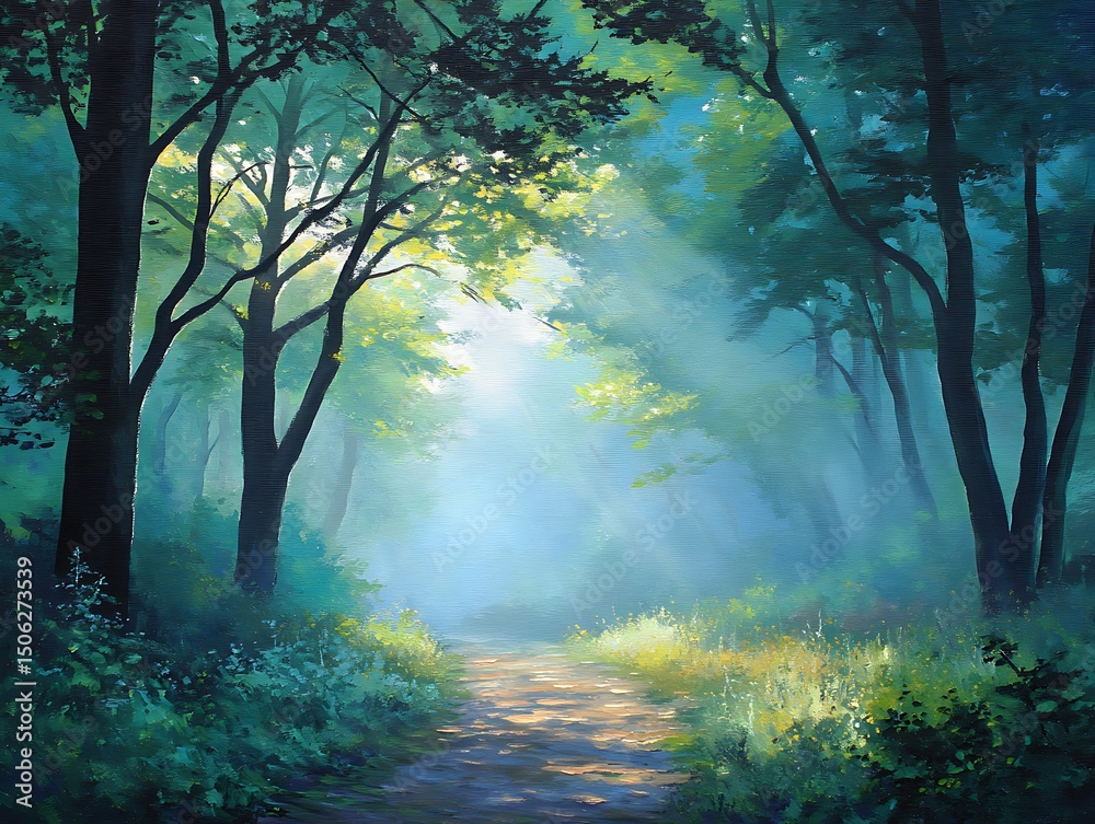 Obraz premium Pathway through woodland glowing from backlight and mist