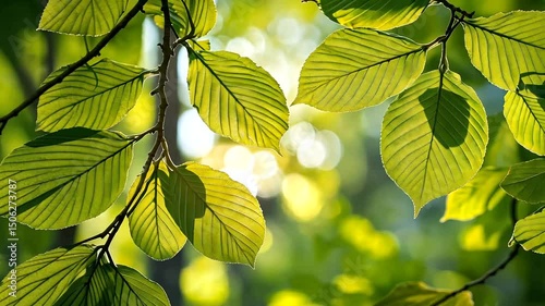 Sun-drenched leaves show detailed veins. Soft bokeh back, sunflare. Light green foliage on tree branches