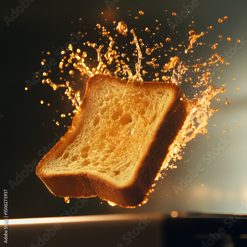 Golden Toast Slice with Splash Effect on Dark Background