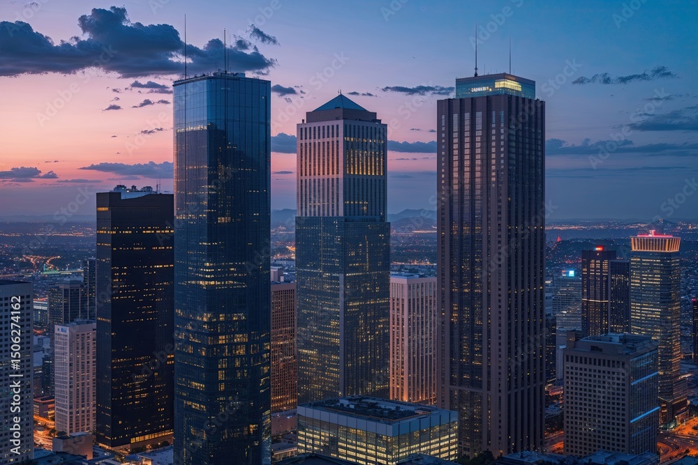 Naklejka premium Majestic Corporate Skyscrapers at Dusk Overlooking Urban Skyline