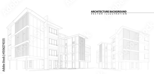 Perspective 3D render of building wireframe - Vector illustration 
