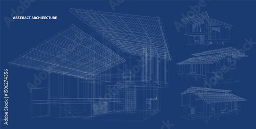 Perspective 3D render of building wireframe - Vector illustration 