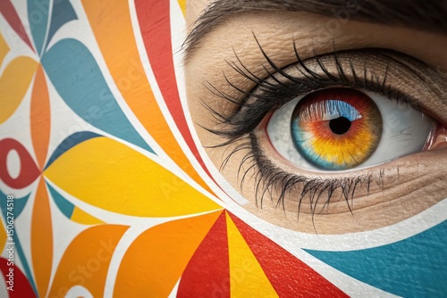Close up of human eye with colorful flower petal design