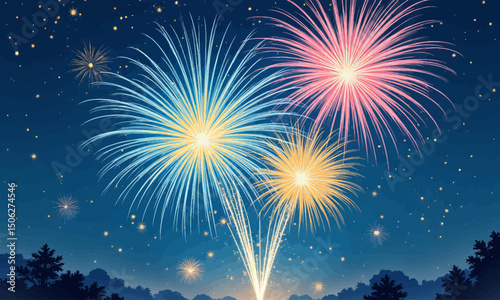 Celebratory Fireworks Display in Night Sky with Trees