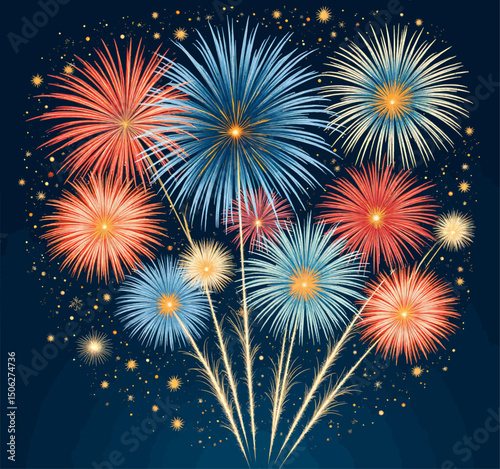 Celebratory Fireworks Bursting in Night Sky with Sparkles