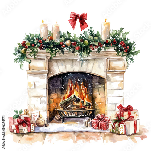 Christmas Fireplace, watercolor clipart vector, high quality, isolated on a white background.