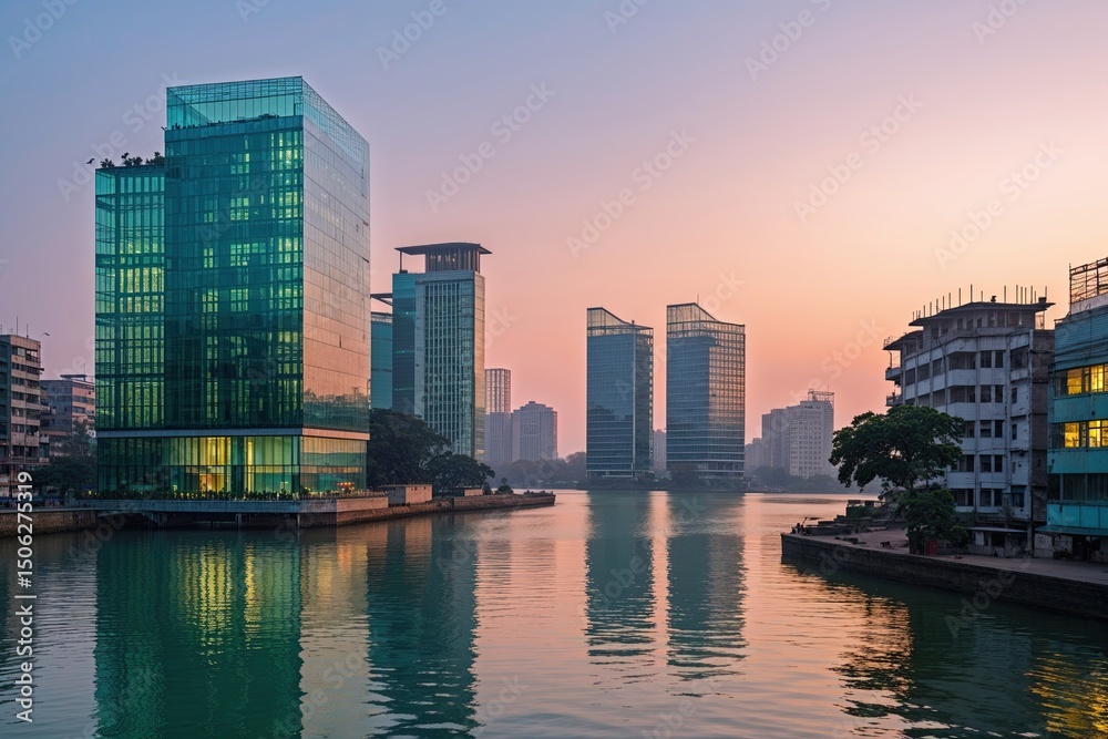 Obraz premium Serene Dawn Skyline Featuring Modern Glass Architecture by Tranquil Inlet in Dhaka Bangladesh