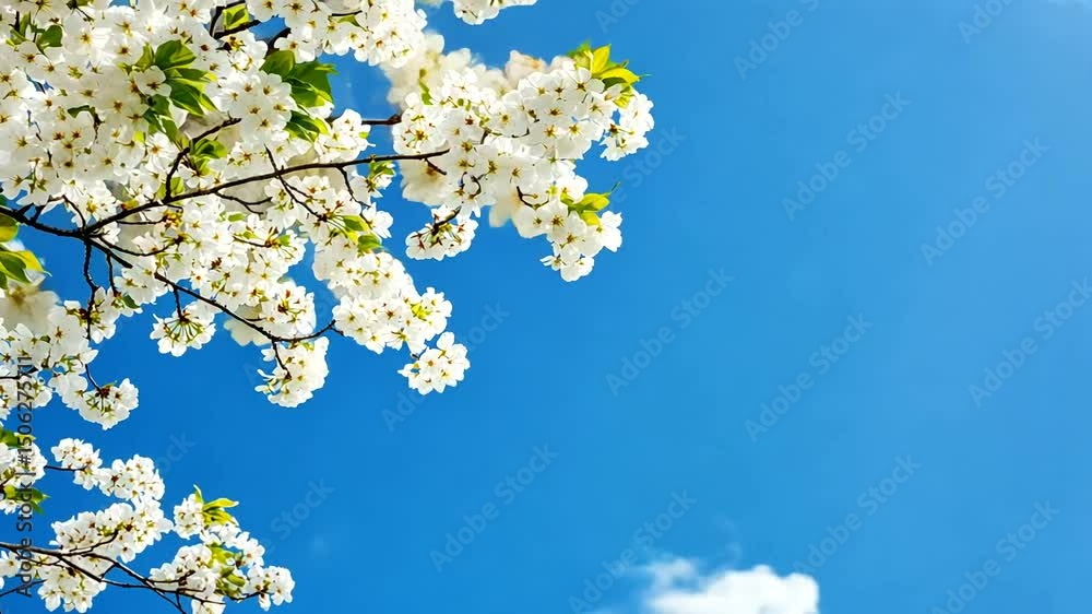 Blossoming white flowers and green leaves adorn branches against a vibrant blue sky with soft, scattered white clouds