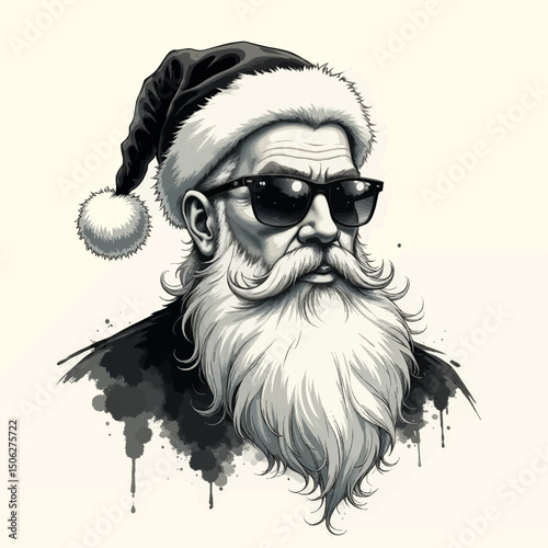 Cool Santa with Sunglasses and Long Beard in Monochrome Style