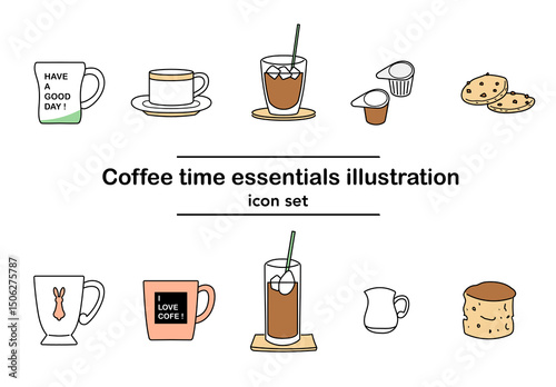 手描き風のコーヒータイムアイコンセット。マグカップ、ホットコーヒー、アイスコーヒー、ミルク、クッキー、スコーンなど、カフェタイムに欠かせないアイテムを収録｜コーヒー,カフェ,飲み物,お菓子