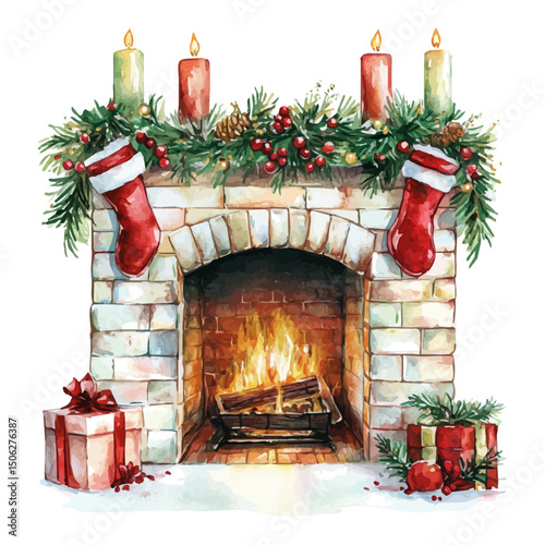 Christmas Fireplace, watercolor illustration vector, high quality, isolated on a white background.