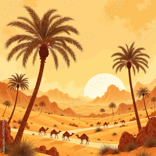 Desert Serenity: Camels and Palms at Sunset