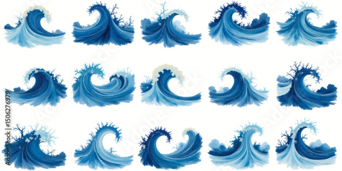 Dynamic Ocean Waves with Frozen Crest, Wintery Seascape, Cool Blue Tones