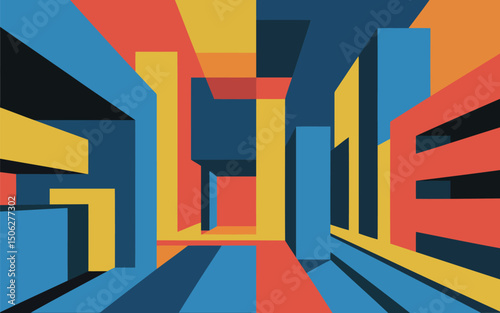 a bold, geometric abstract illustration creating a sense of urban space or an interior with strong perspective lines.