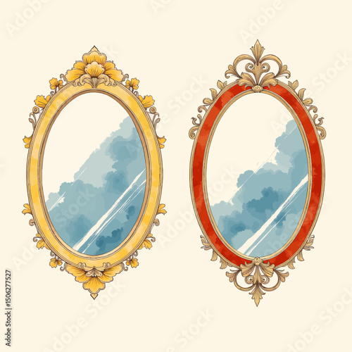 Elegant Oval Mirrors with Cloud Reflections, Golden and Red Frames