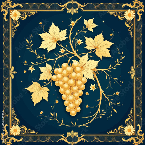 Elegant Grapes and Leaves in Ornate Frame