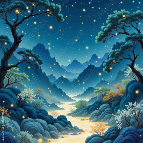 Enchanted Mountain Night with Stars and River