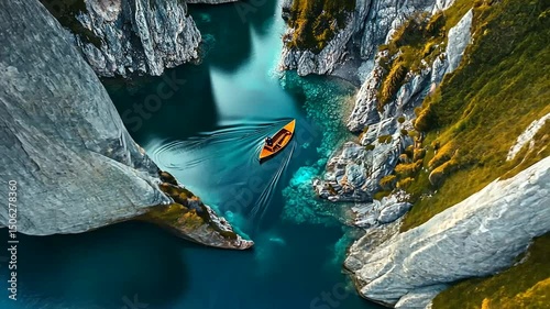 Aerial view of a lone boat gracefully navigating a turquoise river through a rocky, forested landscape on a serene, sunny day