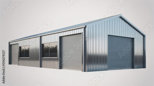 Modern metallic warehouse with large rolling doors and clean exterior