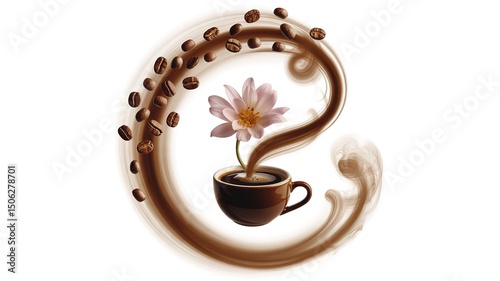 Creative coffee cup design with swirling coffee steam and blooming flower.