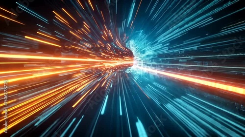 Abstract digital tunnel with orange and cyan light streaks