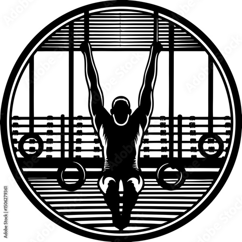 Gymnast Performing on Gymnastic Rings in a Gymnasium Black and White Retro