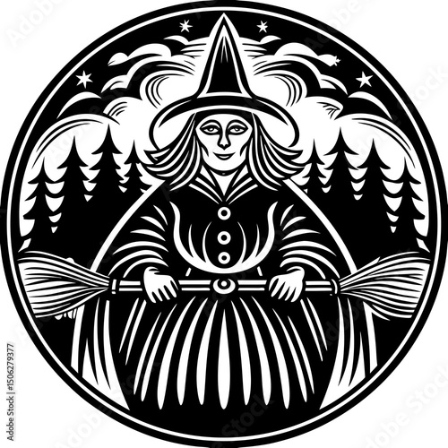 Black and White Witch with Broomstick in Forest Circle Design
