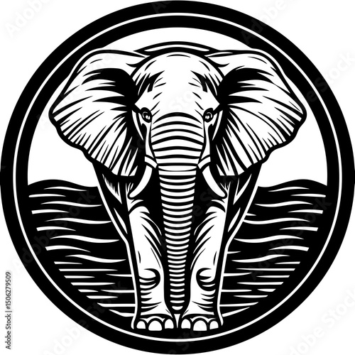 Majestic Elephant Illustration in Black and White Standing Proudly in a Circle
