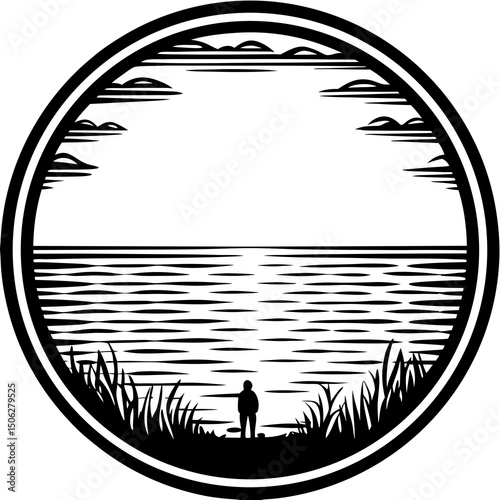 Person Standing by the Water in a Round Frame Silhouette Illustration