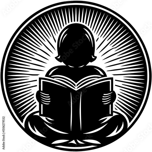 Silhouette of a Child Reading a Book in Lotus Position with Rays