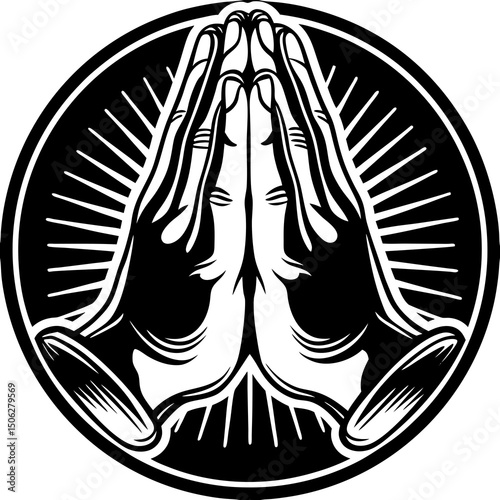 Praying hands illustration in black and white with radial background design